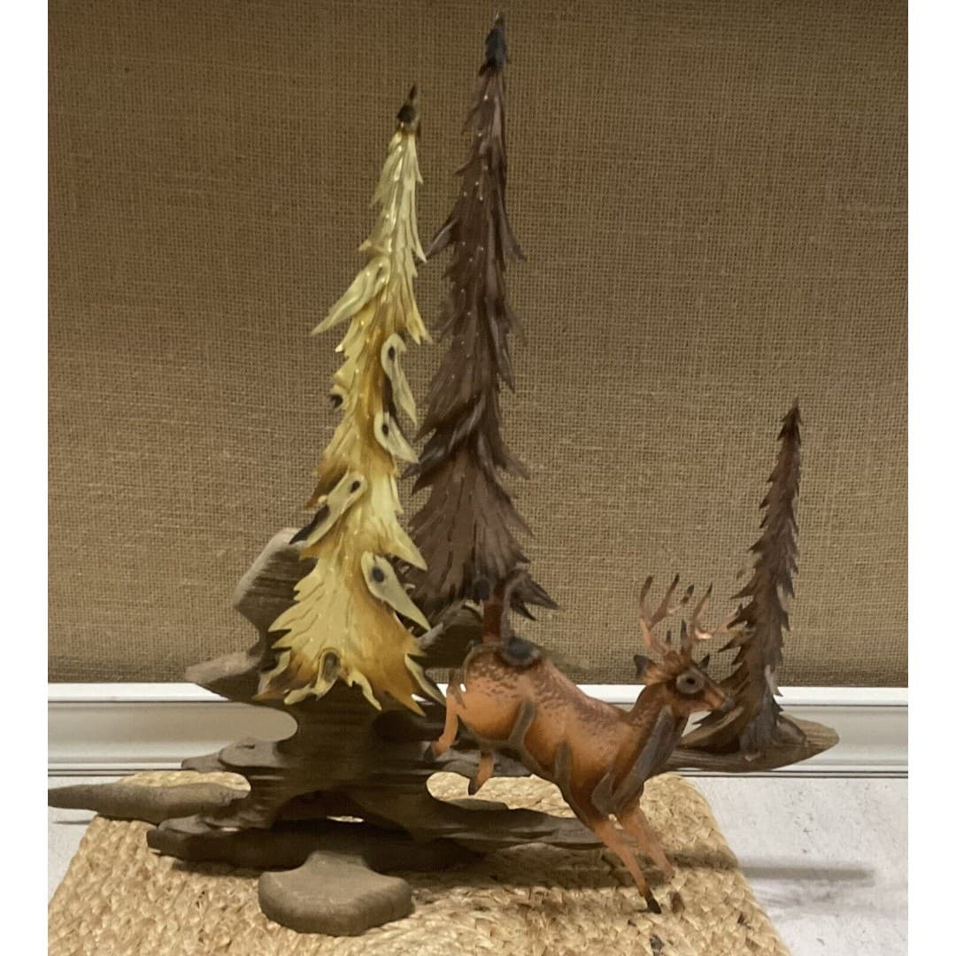 Brass Copper Deer Buck Sculpture Trees Wood Metal Rustic Cabin Wall Table 15x14”