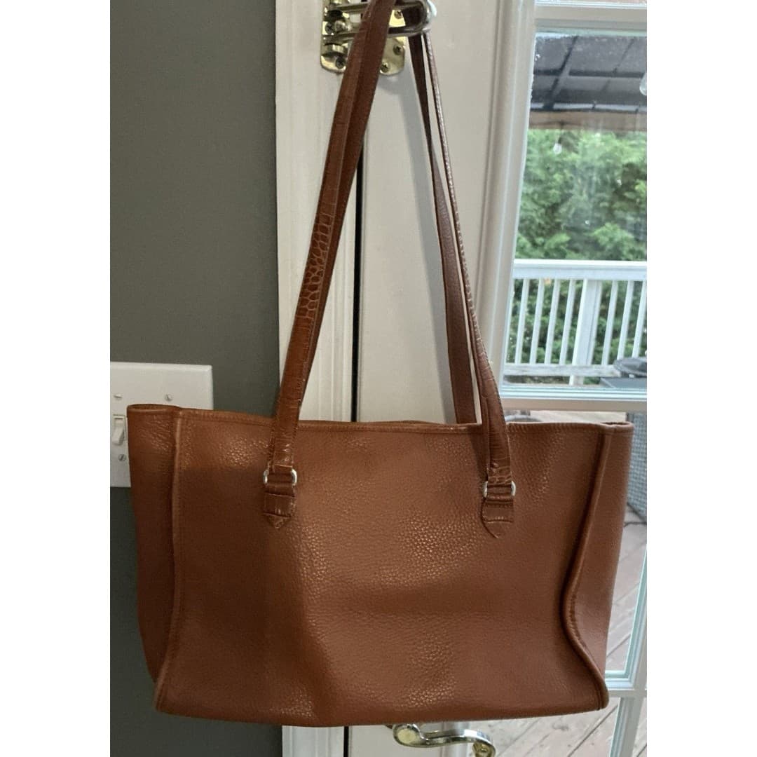 Vintage Brighton Leather Tote Large Cognac Softside Handbag Silver Accents - Thumbnail 3