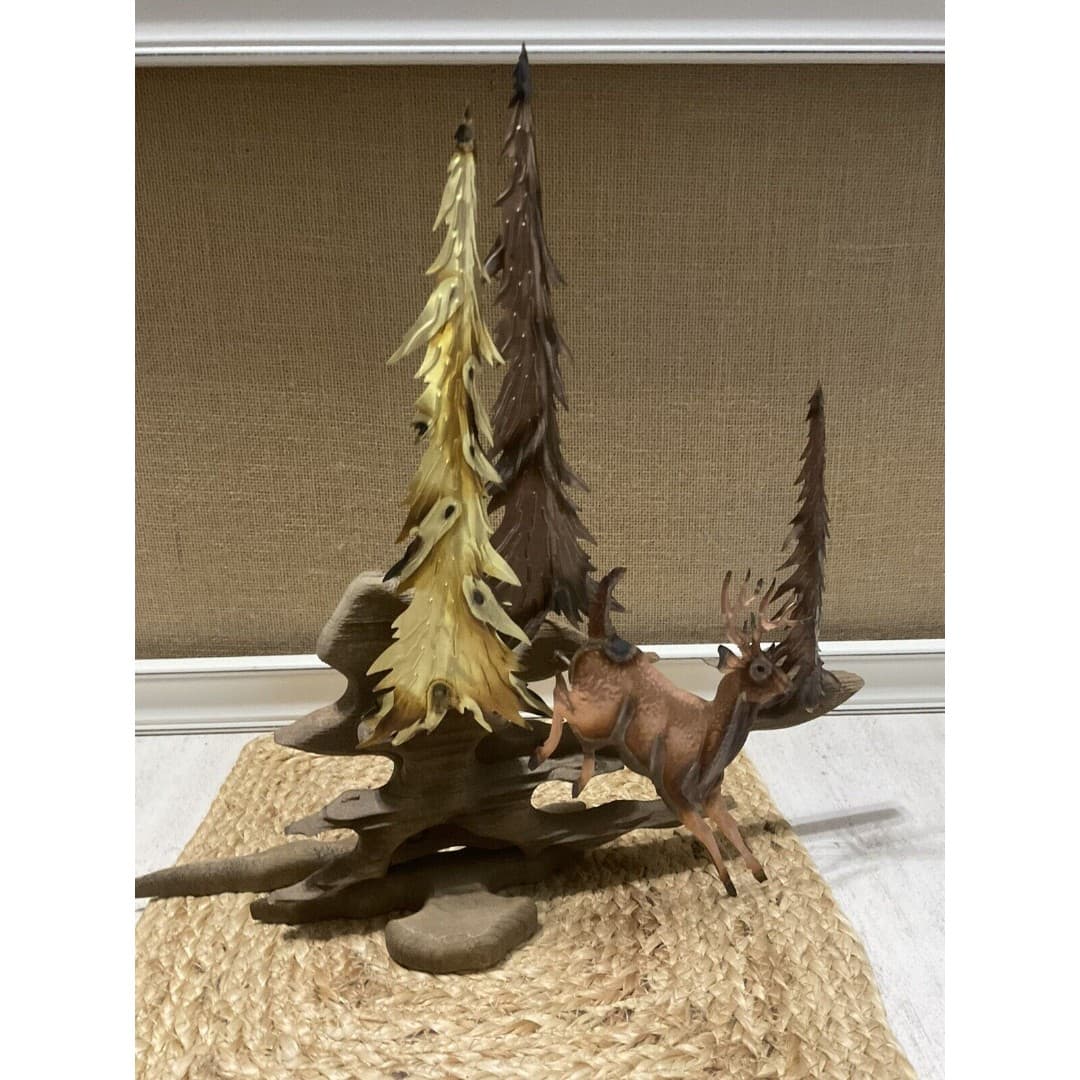 Brass Copper Deer Buck Sculpture Trees Wood Metal Rustic Cabin Wall Table 15x14” - Thumbnail 3