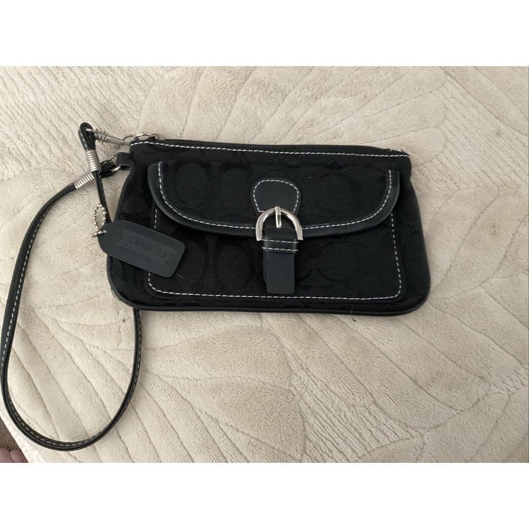 COACH Black Corner Zip Wristlet In Canvas Leather EUC