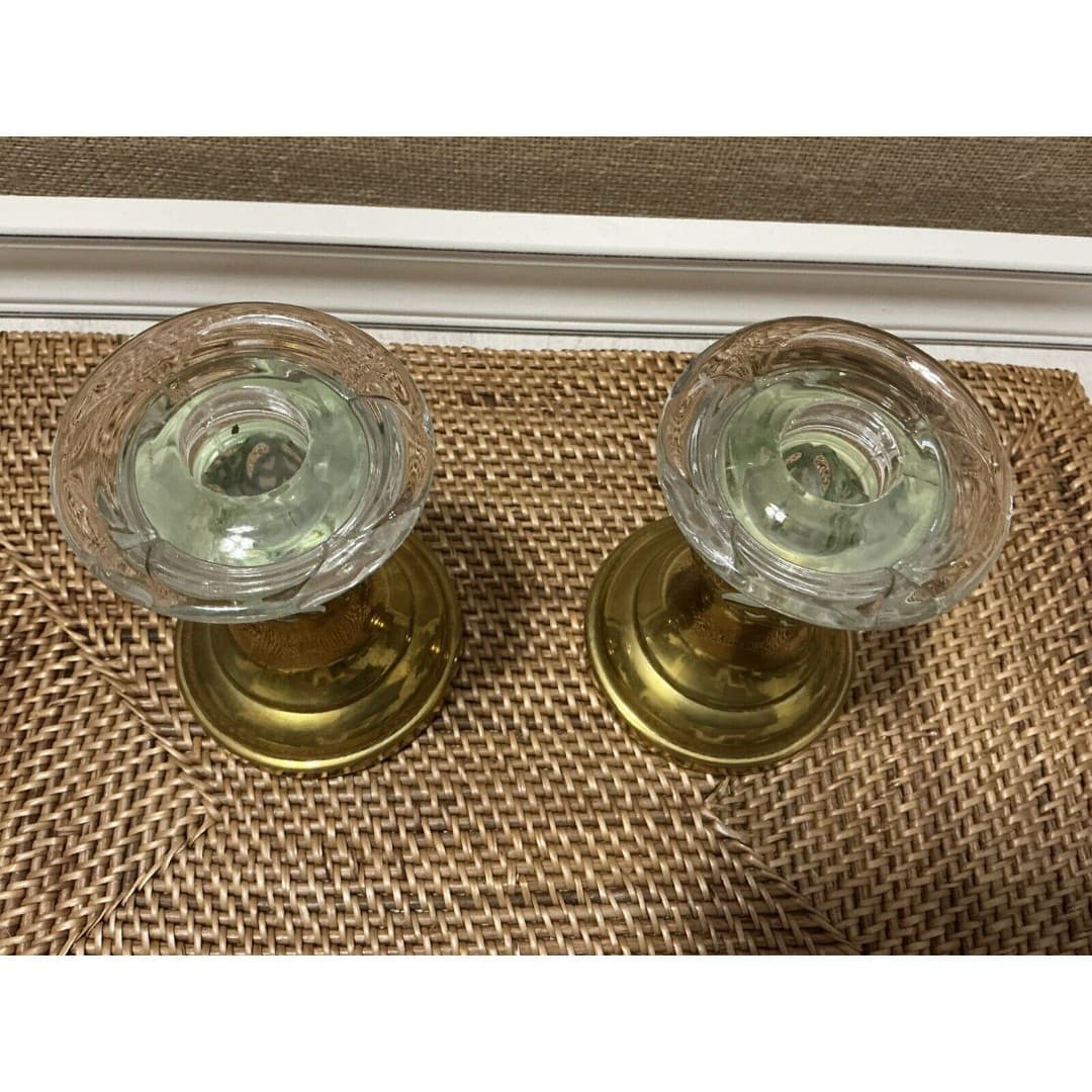 Vintage Pair Of Farber Bros. Brass/Glass Candlesticks Krone kraft - Thumbnail 4