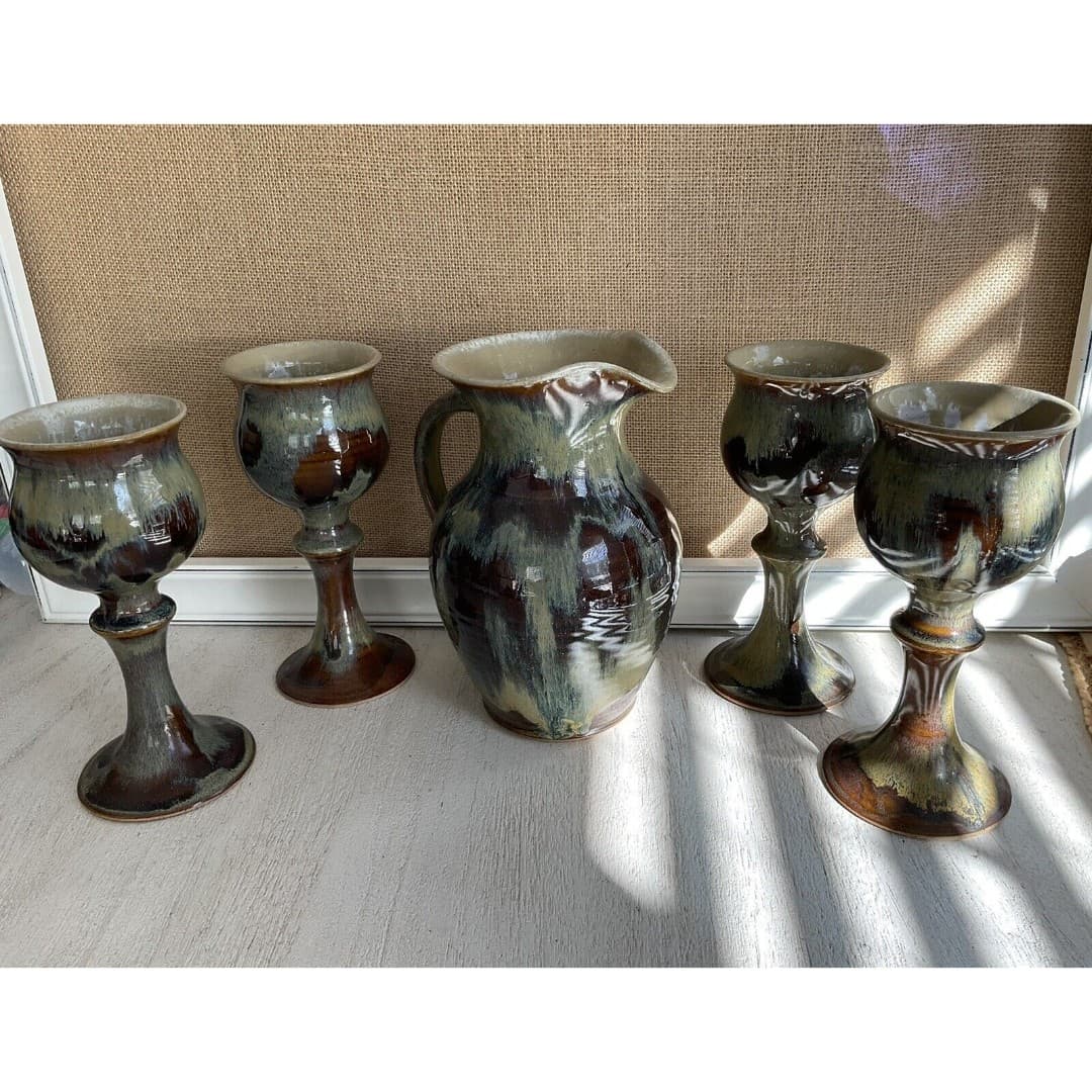 Stoneware Pitcher (4) Goblets Hand Thrown Glazed Tan/Brown Artist Signed