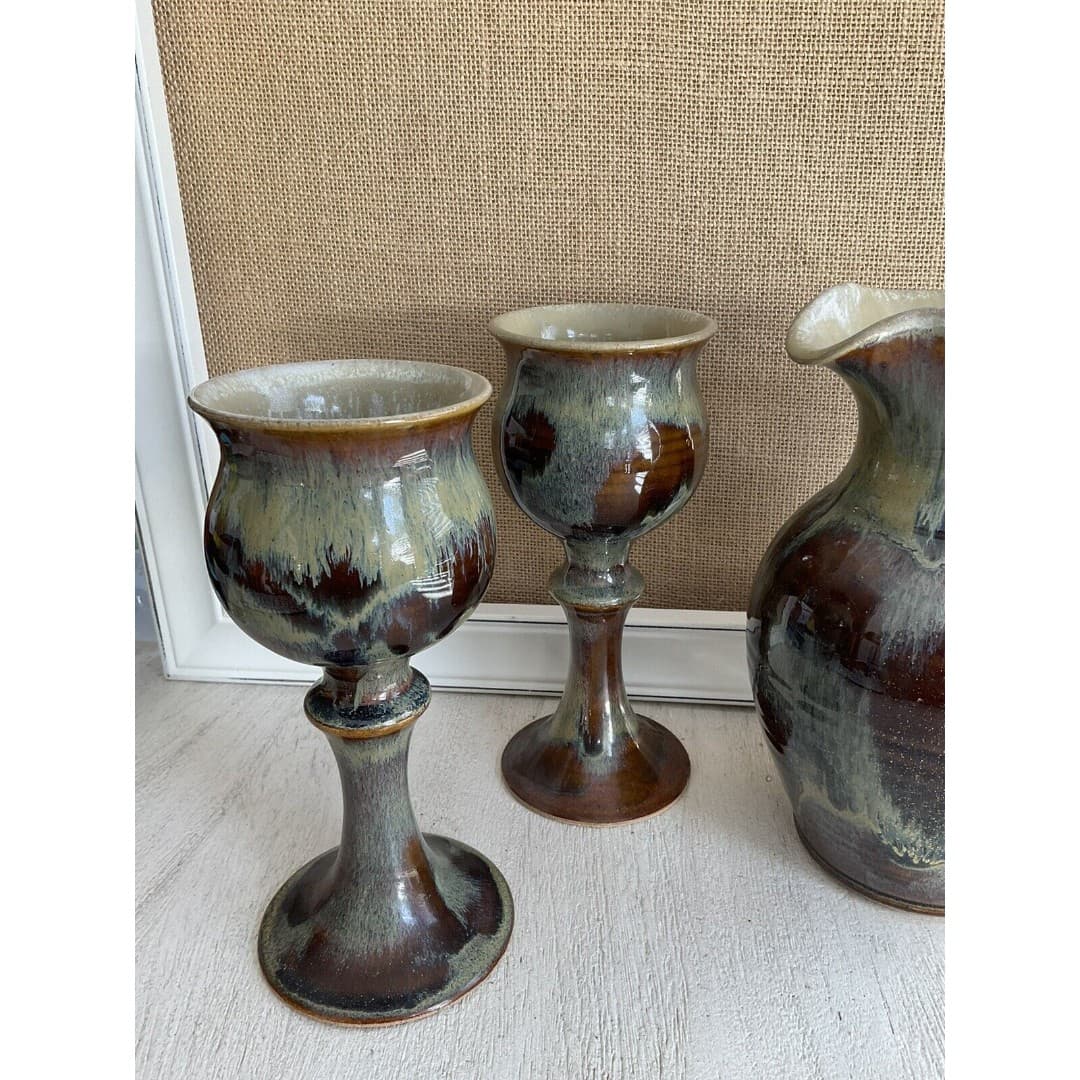 Stoneware Pitcher (4) Goblets Hand Thrown Glazed Tan/Brown Artist Signed - Thumbnail 5