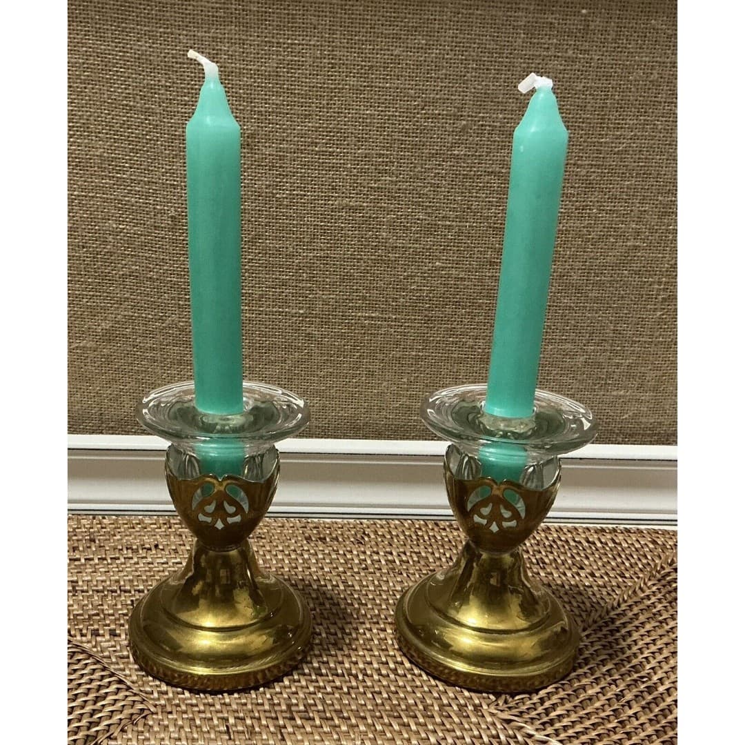 Vintage Pair Of Farber Bros. Brass/Glass Candlesticks Krone kraft - Thumbnail 2