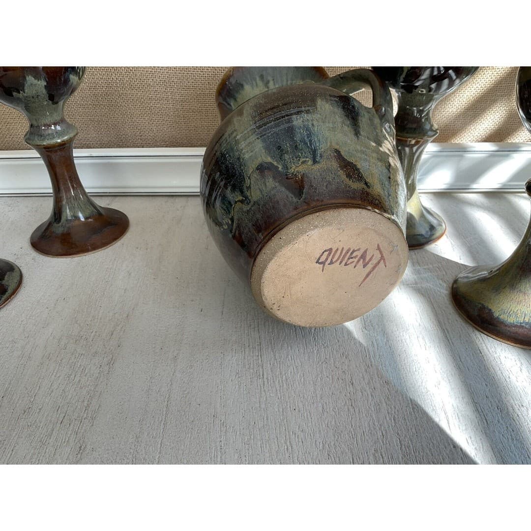 Stoneware Pitcher (4) Goblets Hand Thrown Glazed Tan/Brown Artist Signed - Thumbnail 4