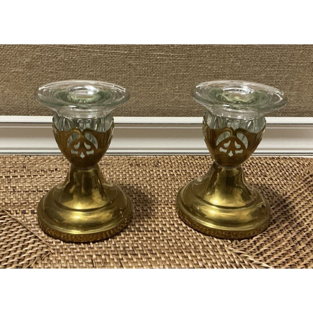 Vintage Pair Of Farber Bros. Brass/Glass Candlesticks Krone kraft