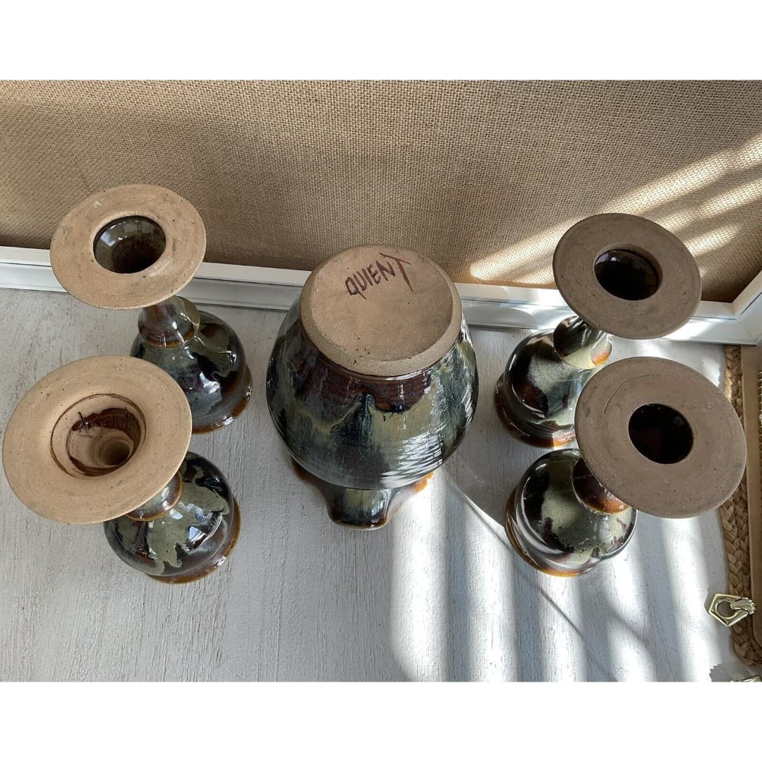 Stoneware Pitcher (4) Goblets Hand Thrown Glazed Tan/Brown Artist Signed - Thumbnail 3