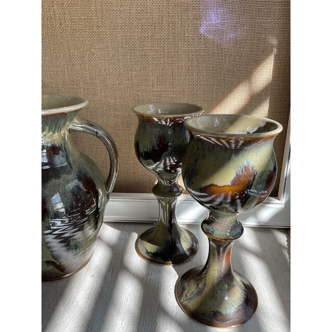 Stoneware Pitcher (4) Goblets Hand Thrown Glazed Tan/Brown Artist Signed - Thumbnail 7