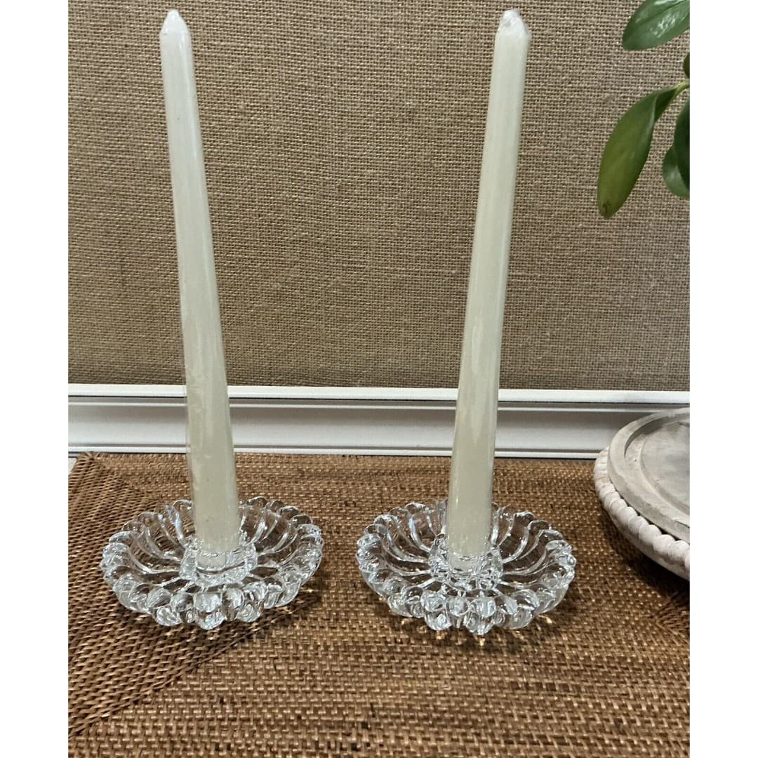 VTG Pair Candle Stick Holders Pressed Glass, SunFlower Pattern
