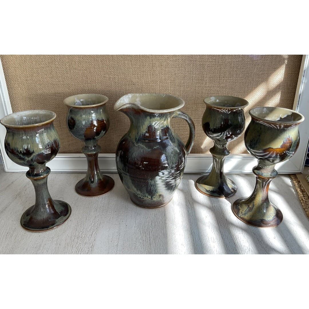Stoneware Pitcher (4) Goblets Hand Thrown Glazed Tan/Brown Artist Signed - Thumbnail 2