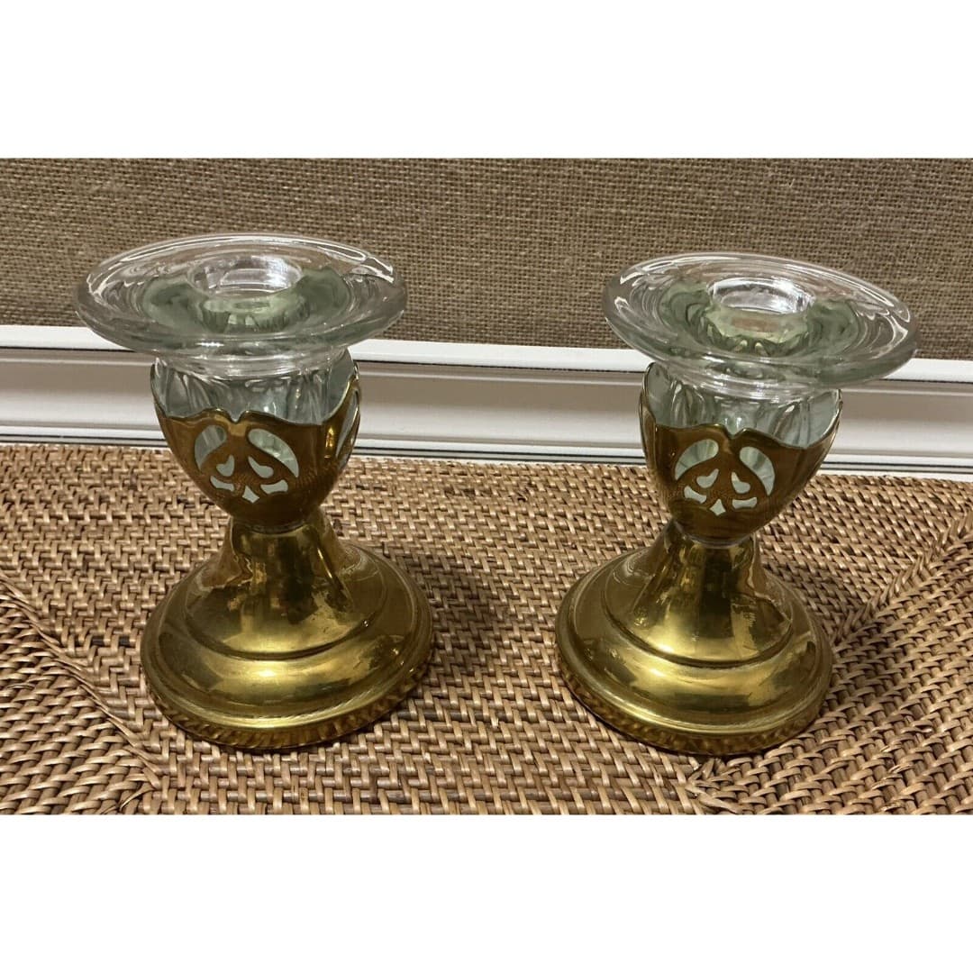 Vintage Pair Of Farber Bros. Brass/Glass Candlesticks Krone kraft - Thumbnail 3