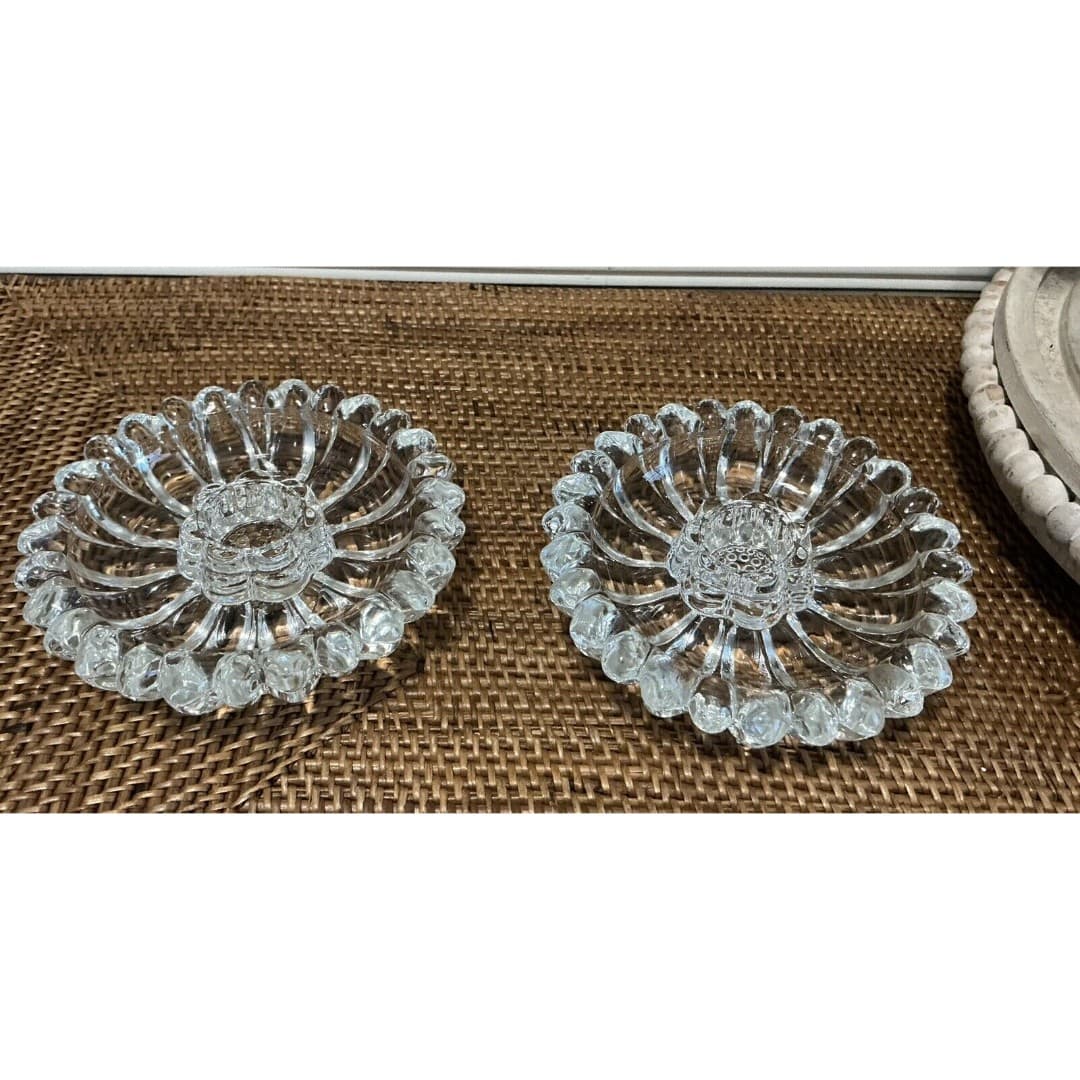 VTG Pair Candle Stick Holders Pressed Glass, SunFlower Pattern - Thumbnail 3