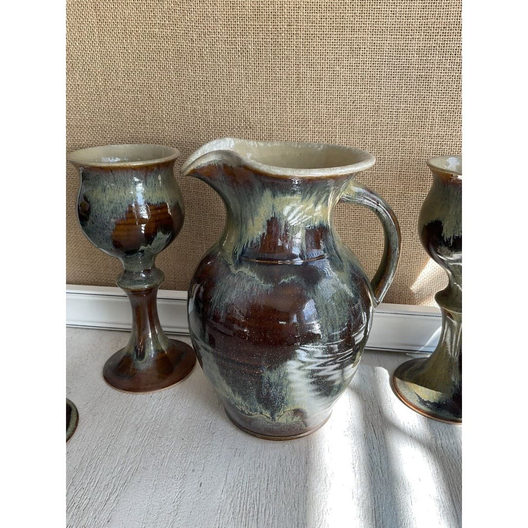 Stoneware Pitcher (4) Goblets Hand Thrown Glazed Tan/Brown Artist Signed - Thumbnail 6