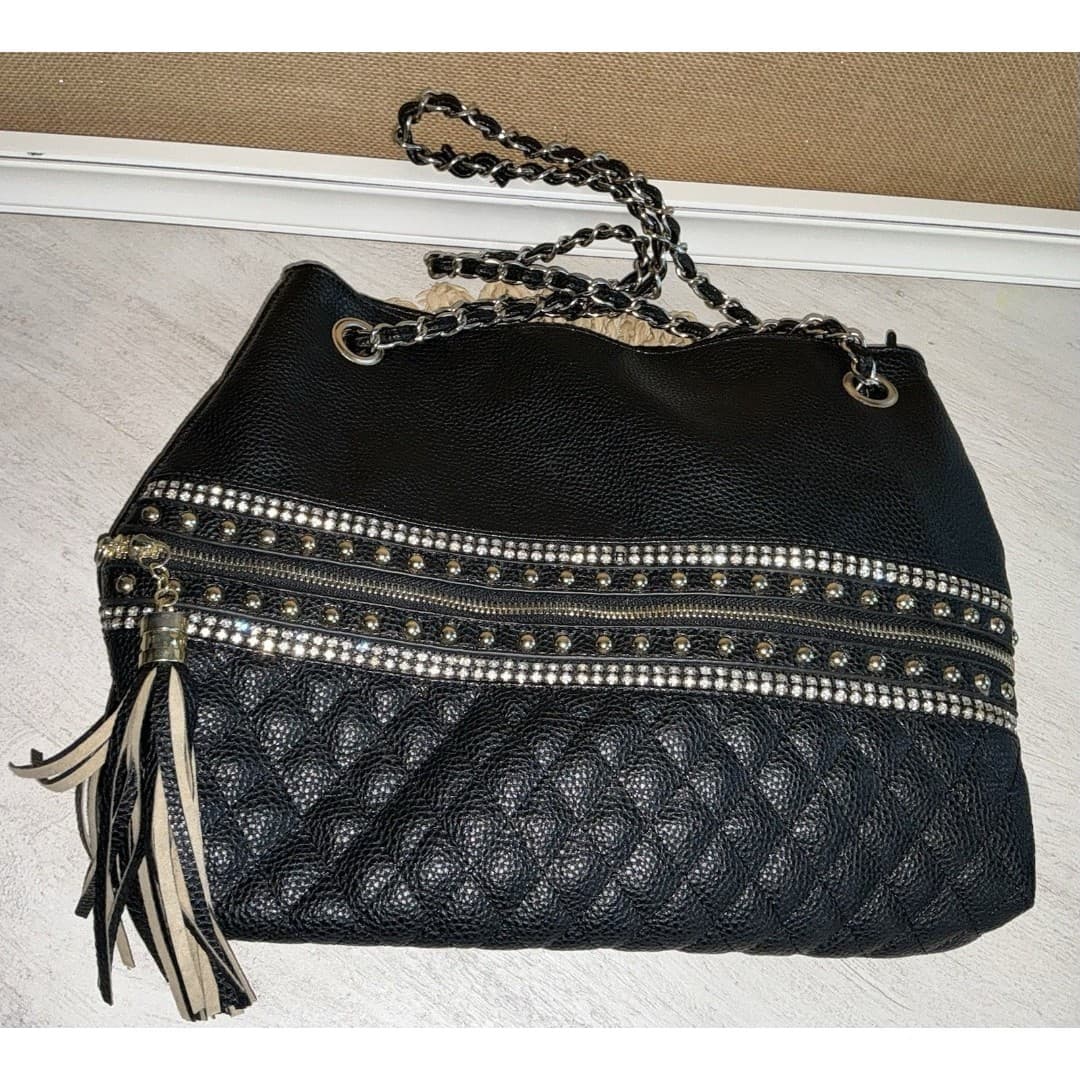 IMOSHION USA Studded Metallic Drawstring Bucket Handbag Black Silver - Thumbnail 4