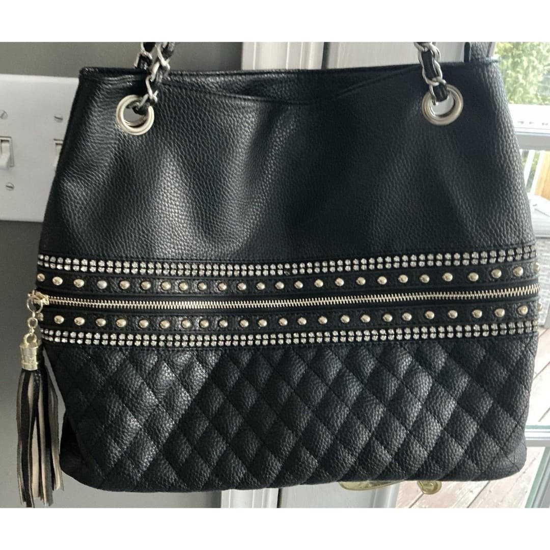 IMOSHION USA Studded Metallic Drawstring Bucket Handbag Black Silver