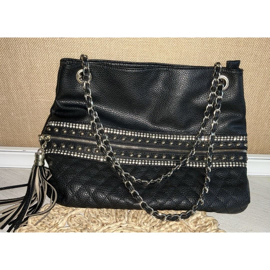 IMOSHION USA Studded Metallic Drawstring Bucket Handbag Black Silver - Thumbnail 9