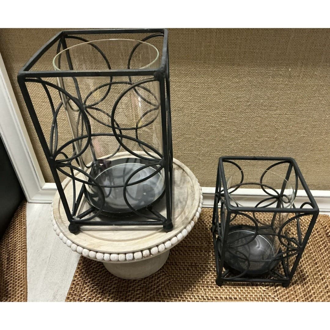 Black Metal Box Pillar Candle Holders W/Globe ~Contemporary Pair - Thumbnail 4