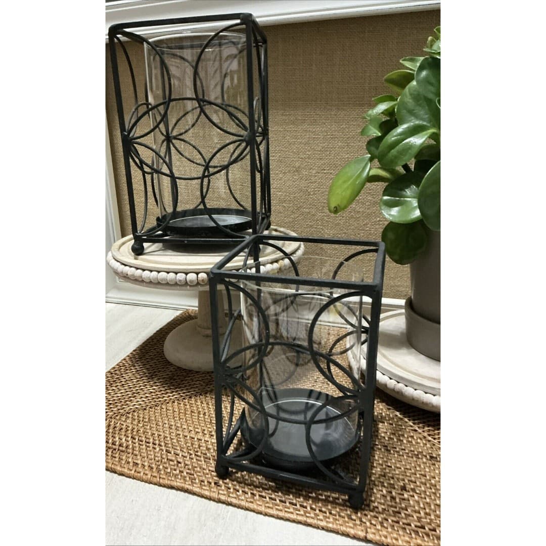 Black Metal Box Pillar Candle Holders W/Globe ~Contemporary Pair - Thumbnail 2