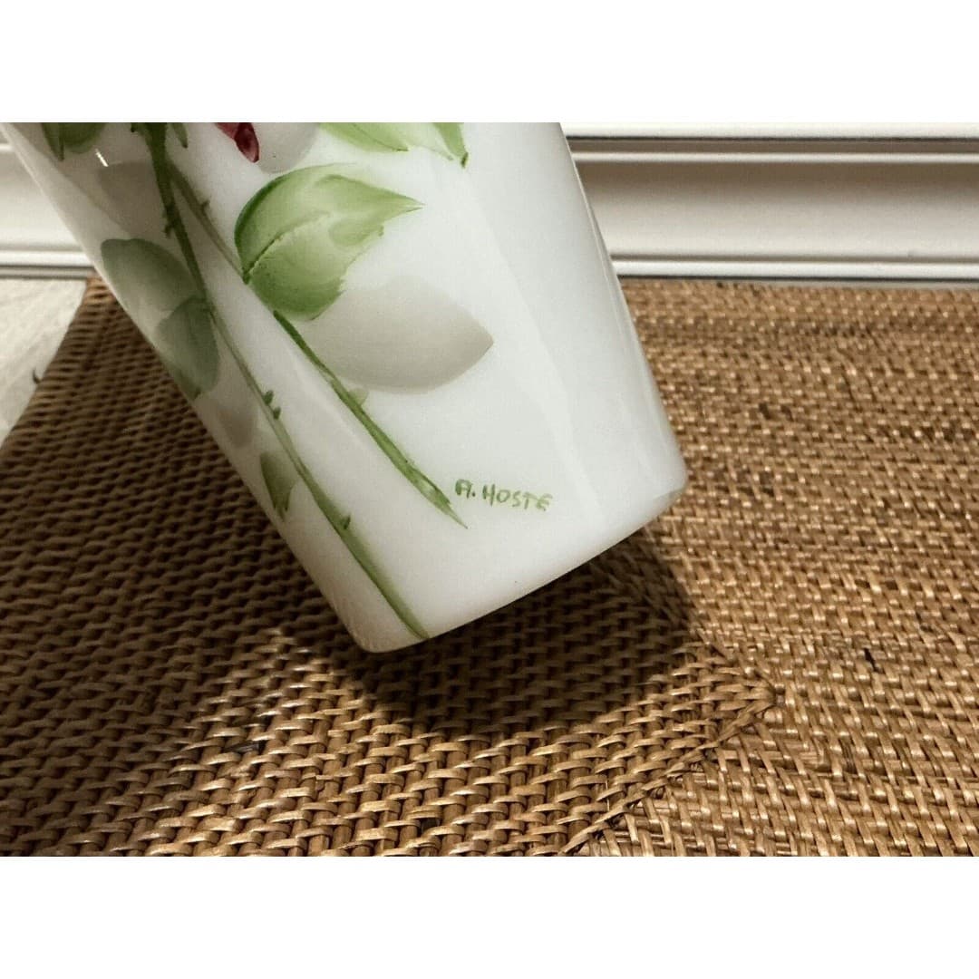 Vintage DeLuxe Inc. USA Hand Painted Milk Glass Floral Vase Tumbler Signed - Thumbnail 7