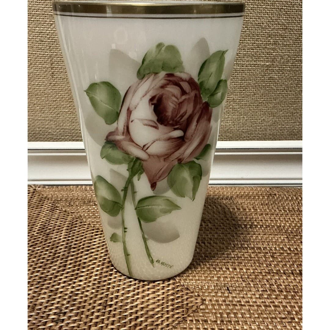 Vintage DeLuxe Inc. USA Hand Painted Milk Glass Floral Vase Tumbler Signed - Thumbnail 3