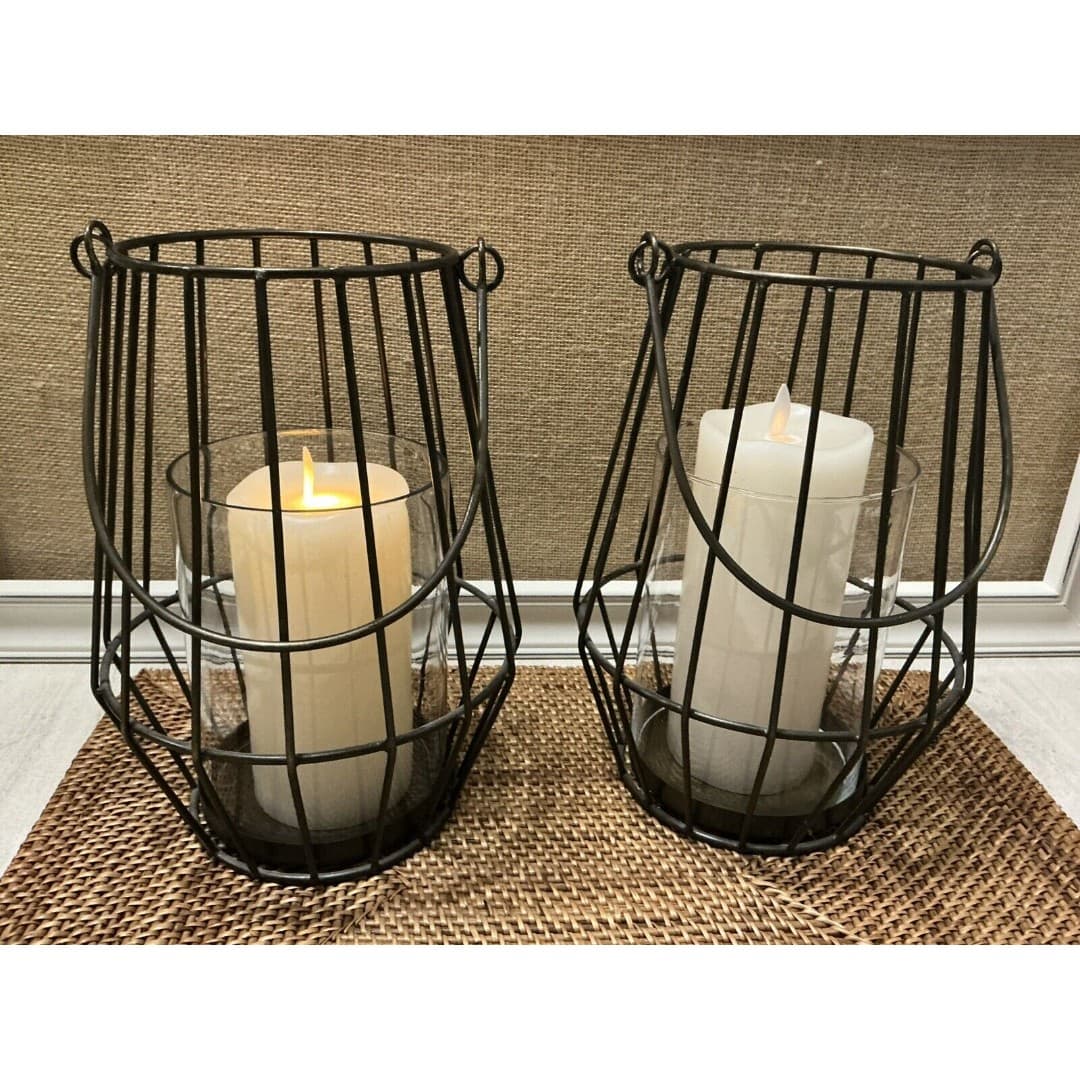 Pair Ashland Sea & Sand Bronze Metal Lanterns W/Battery Operated Candle-as - Thumbnail 2