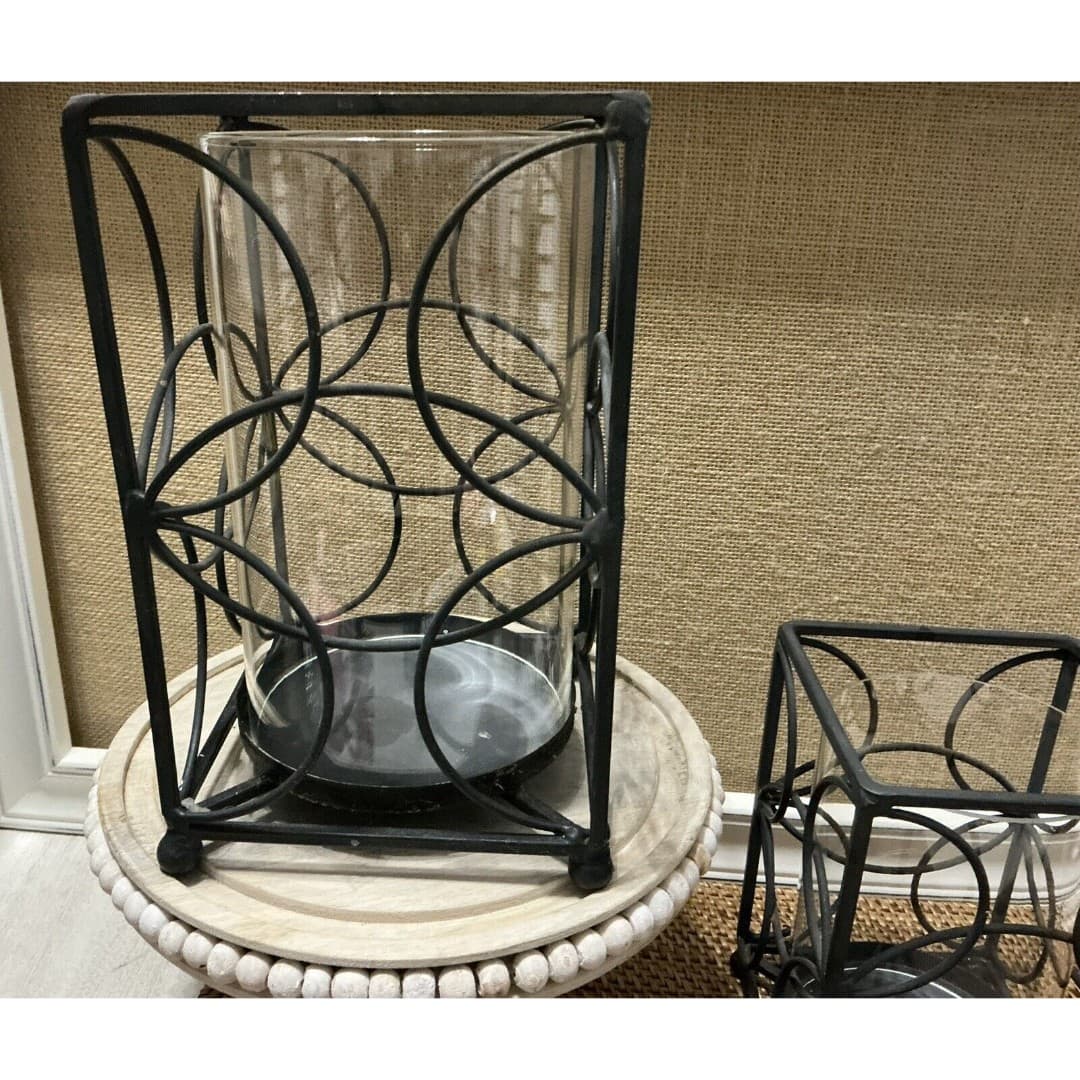 Black Metal Box Pillar Candle Holders W/Globe ~Contemporary Pair - Thumbnail 6