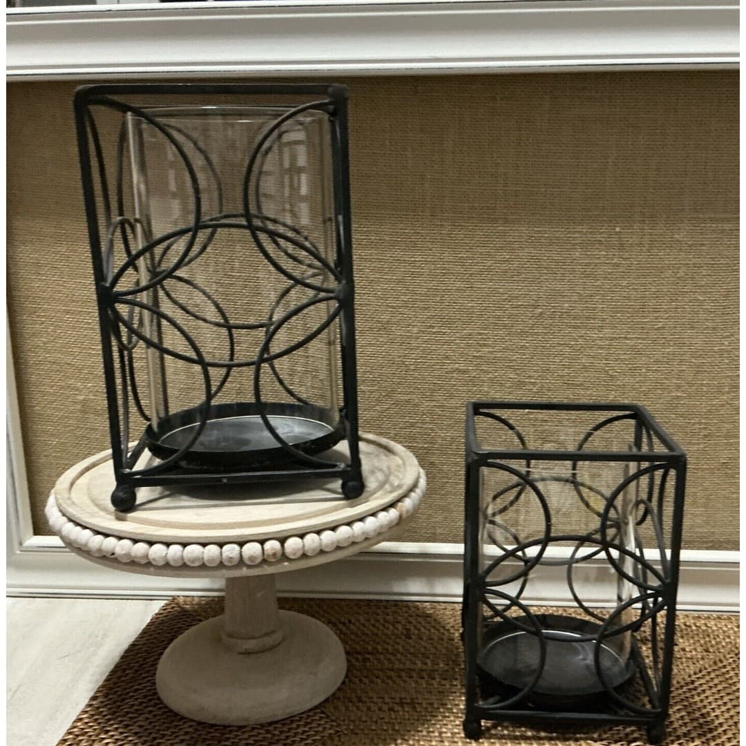 Black Metal Box Pillar Candle Holders W/Globe ~Contemporary Pair - Thumbnail 3