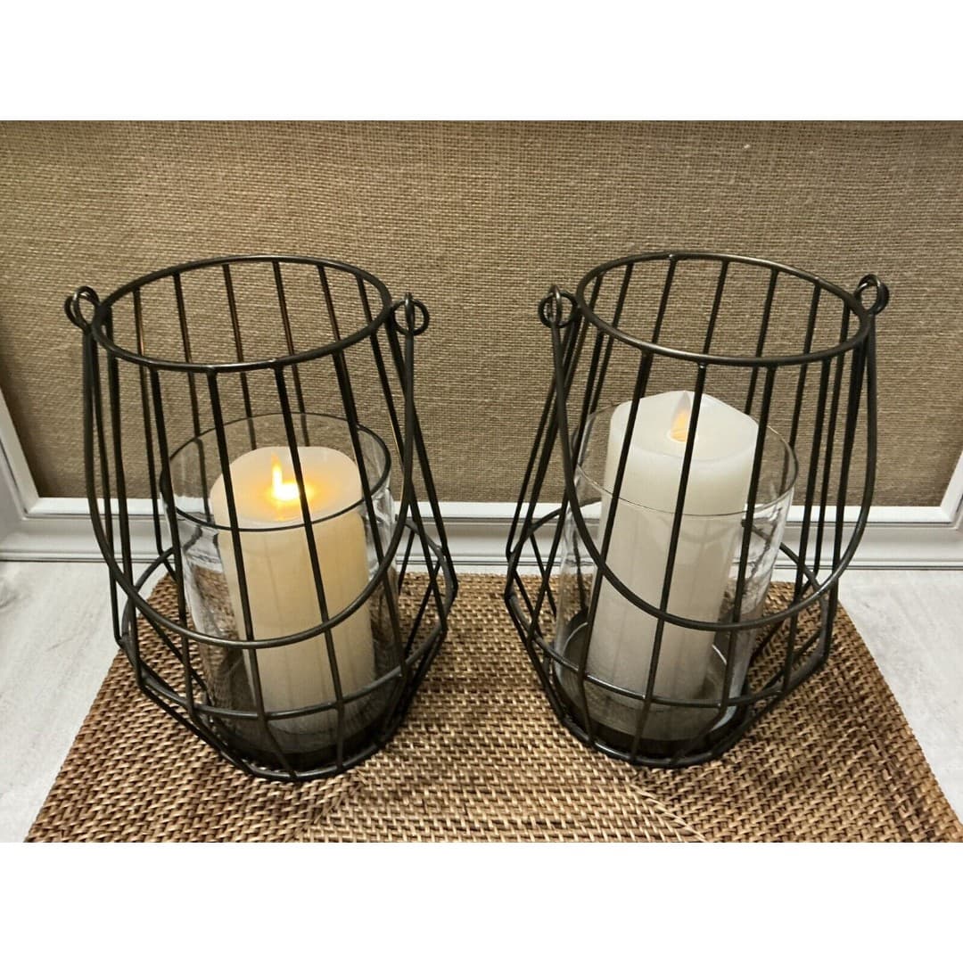 Pair Ashland Sea & Sand Bronze Metal Lanterns W/Battery Operated Candle-as - Thumbnail 6