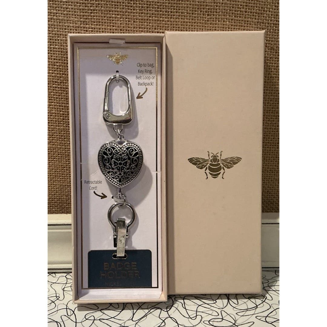Scroll & Vine Heart Shape Badge Holder Jewelry Nickel Free