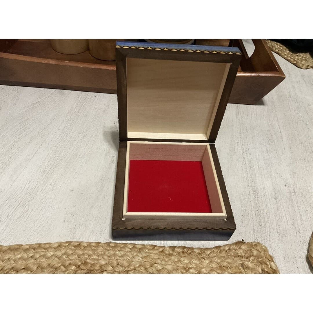 Square Wooden Jewelry Keepsake Hinged Box Inlaid Daisy Design Trinket Bx - Thumbnail 3