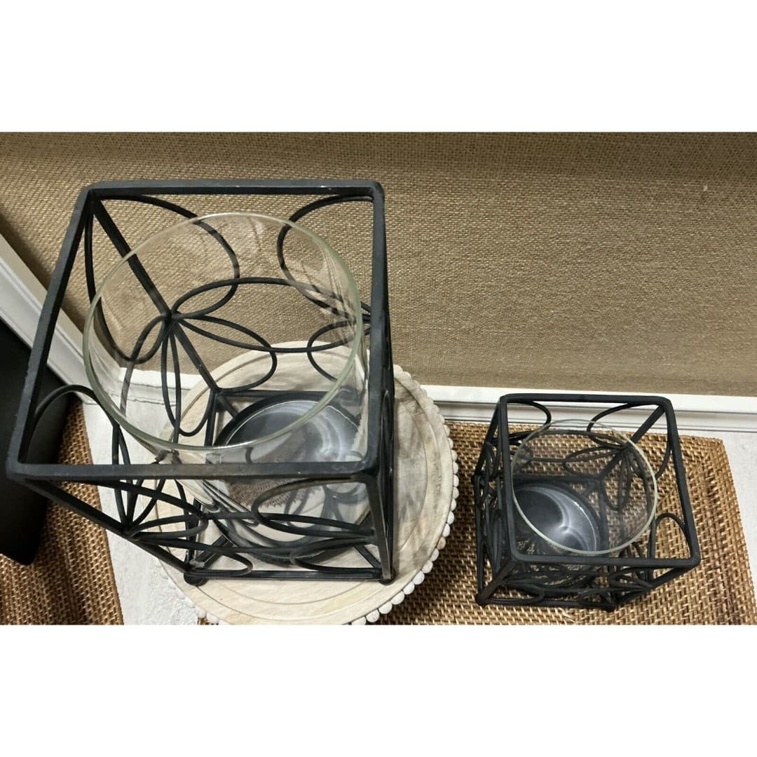 Black Metal Box Pillar Candle Holders W/Globe ~Contemporary Pair - Thumbnail 5