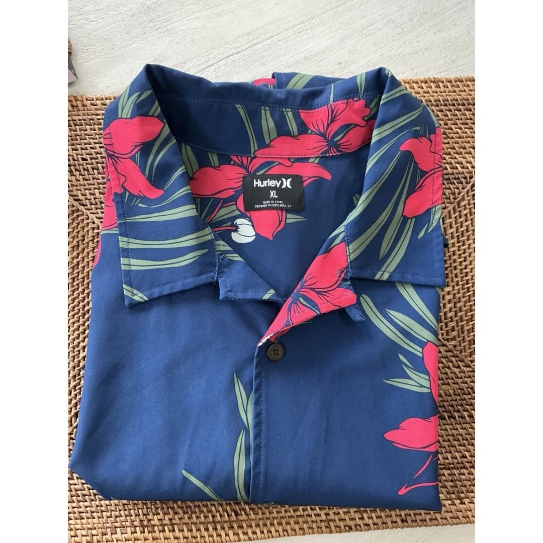 Hurley XLarge Mens Cotton Button Up Shirt Tropical Short Sleeve Hawaiian - Thumbnail 6