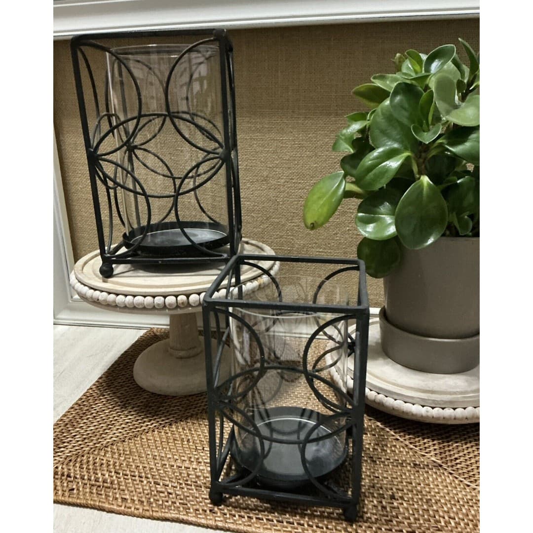 Black Metal Box Pillar Candle Holders W/Globe ~Contemporary Pair