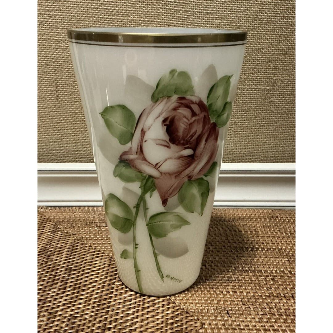 Vintage DeLuxe Inc. USA Hand Painted Milk Glass Floral Vase Tumbler Signed