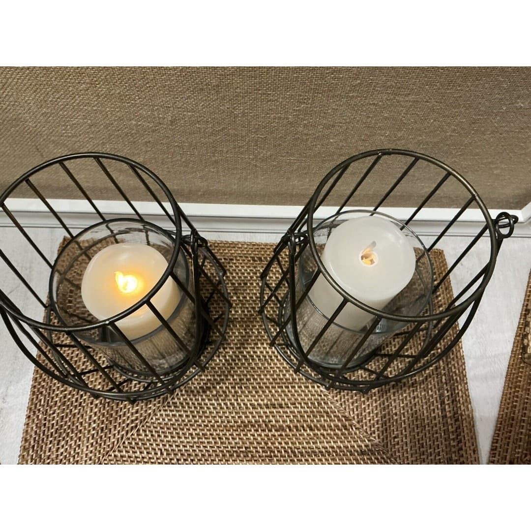 Pair Ashland Sea & Sand Bronze Metal Lanterns W/Battery Operated Candle-as - Thumbnail 4