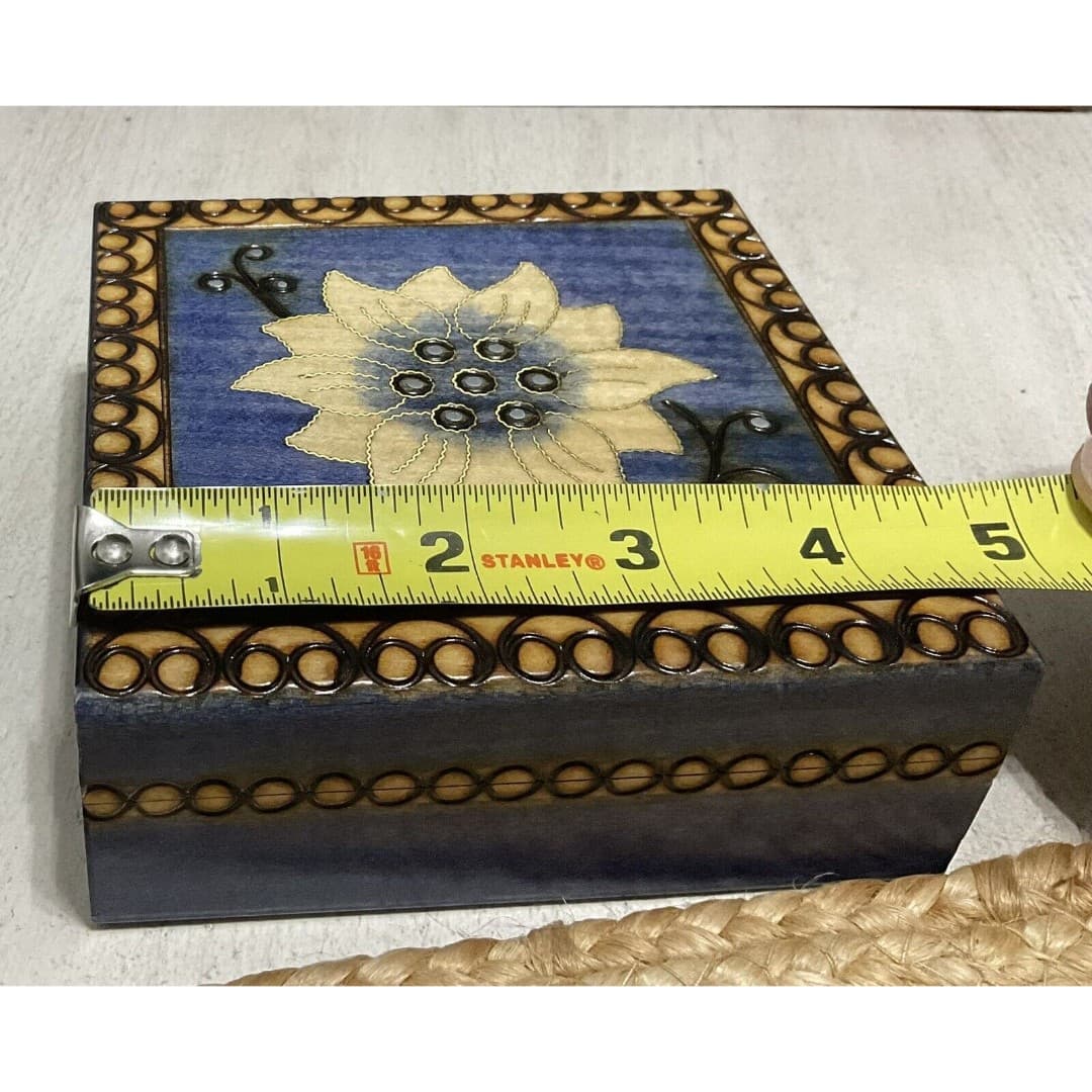 Square Wooden Jewelry Keepsake Hinged Box Inlaid Daisy Design Trinket Bx - Thumbnail 4