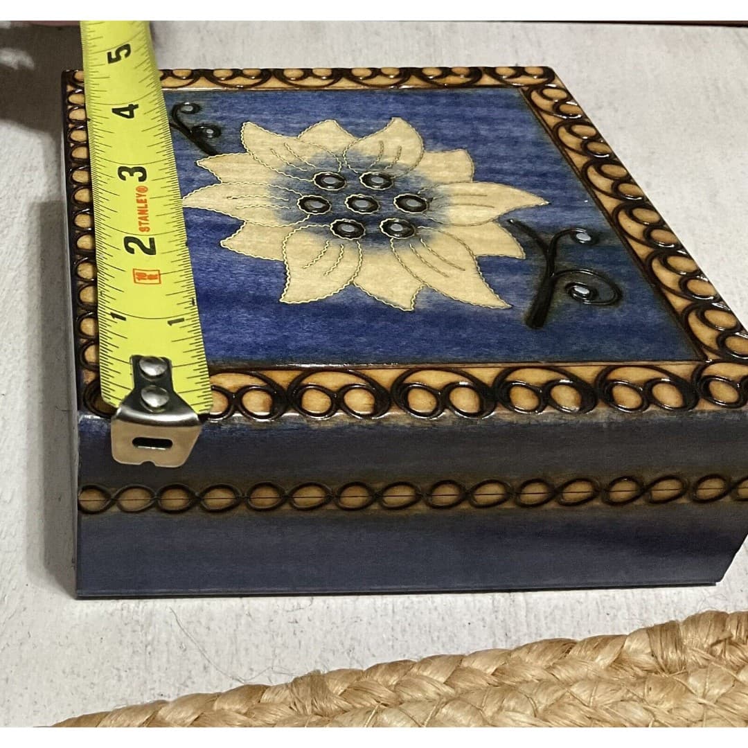 Square Wooden Jewelry Keepsake Hinged Box Inlaid Daisy Design Trinket Bx - Thumbnail 5