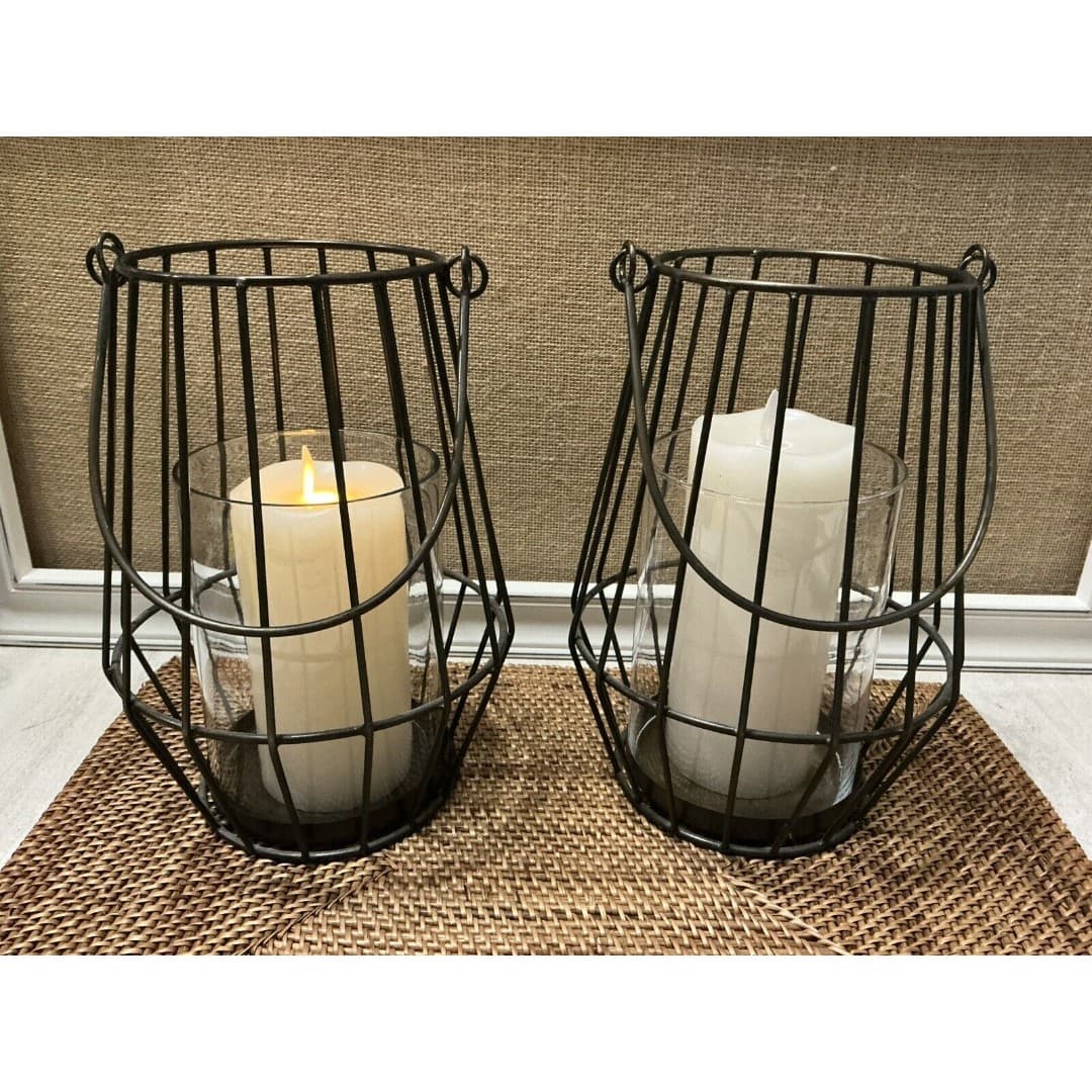 Pair Ashland Sea & Sand Bronze Metal Lanterns W/Battery Operated Candle-as - Thumbnail 3