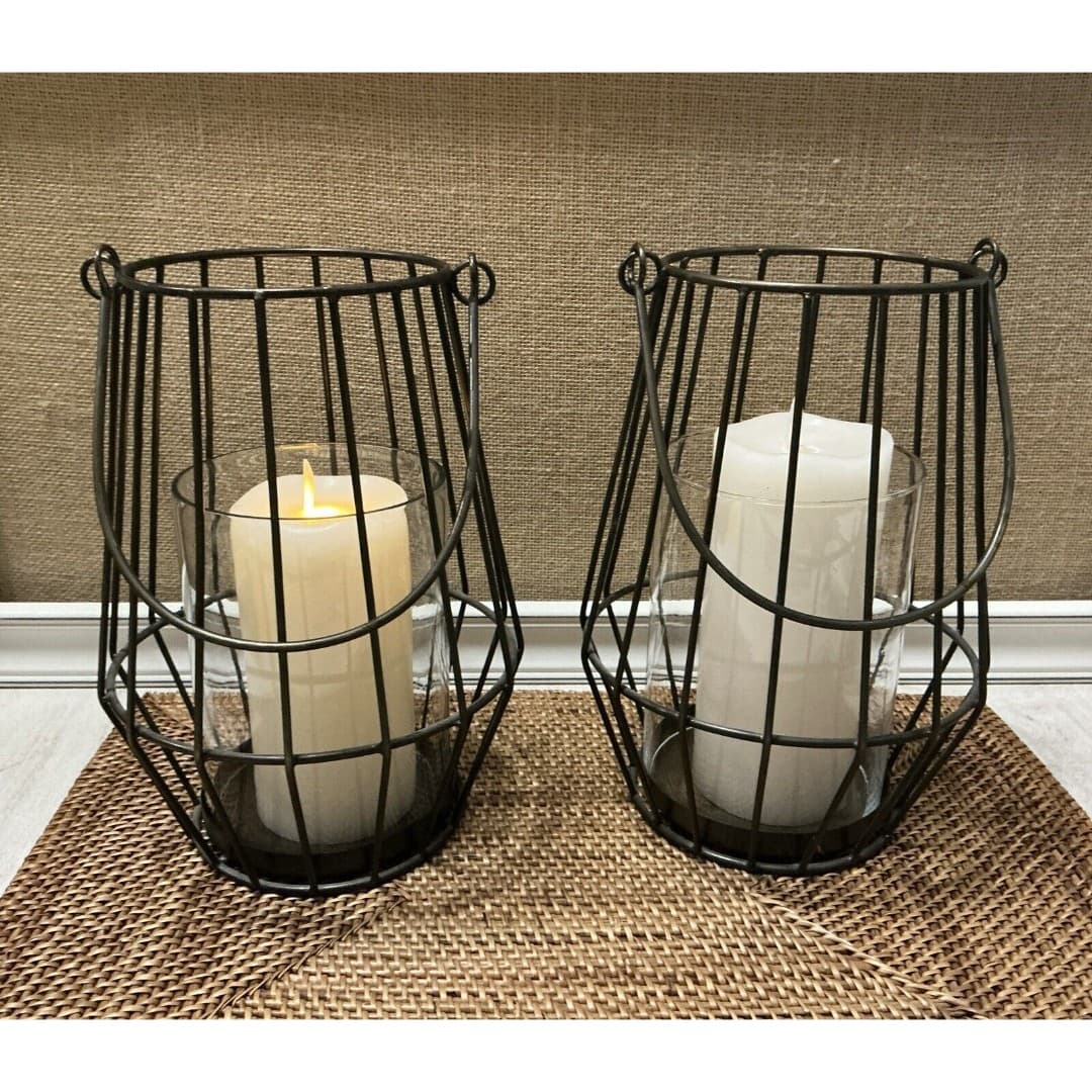 Pair Ashland Sea & Sand Bronze Metal Lanterns W/Battery Operated Candle-as