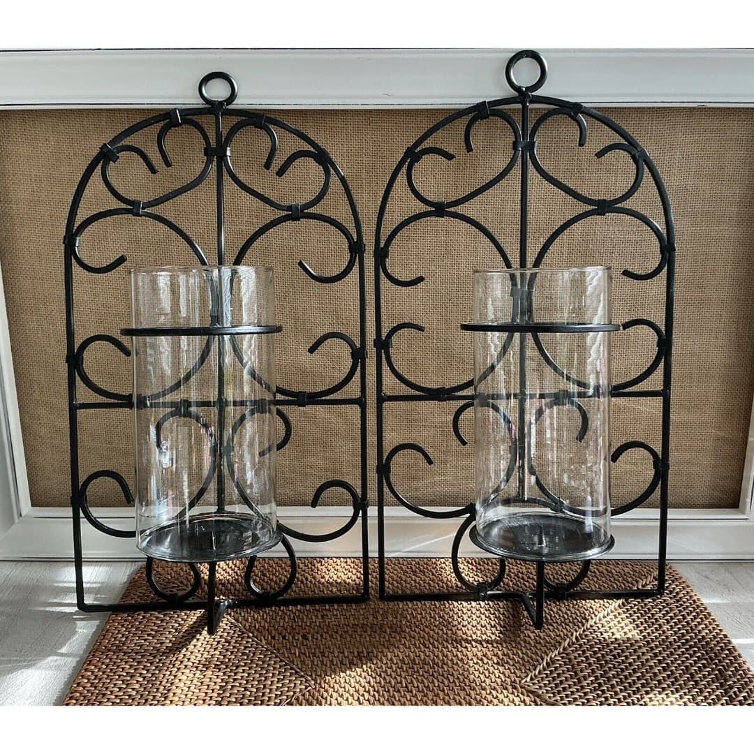 MCM Metal Wall Candle Sconces Spanish Look W/Globes A Pair