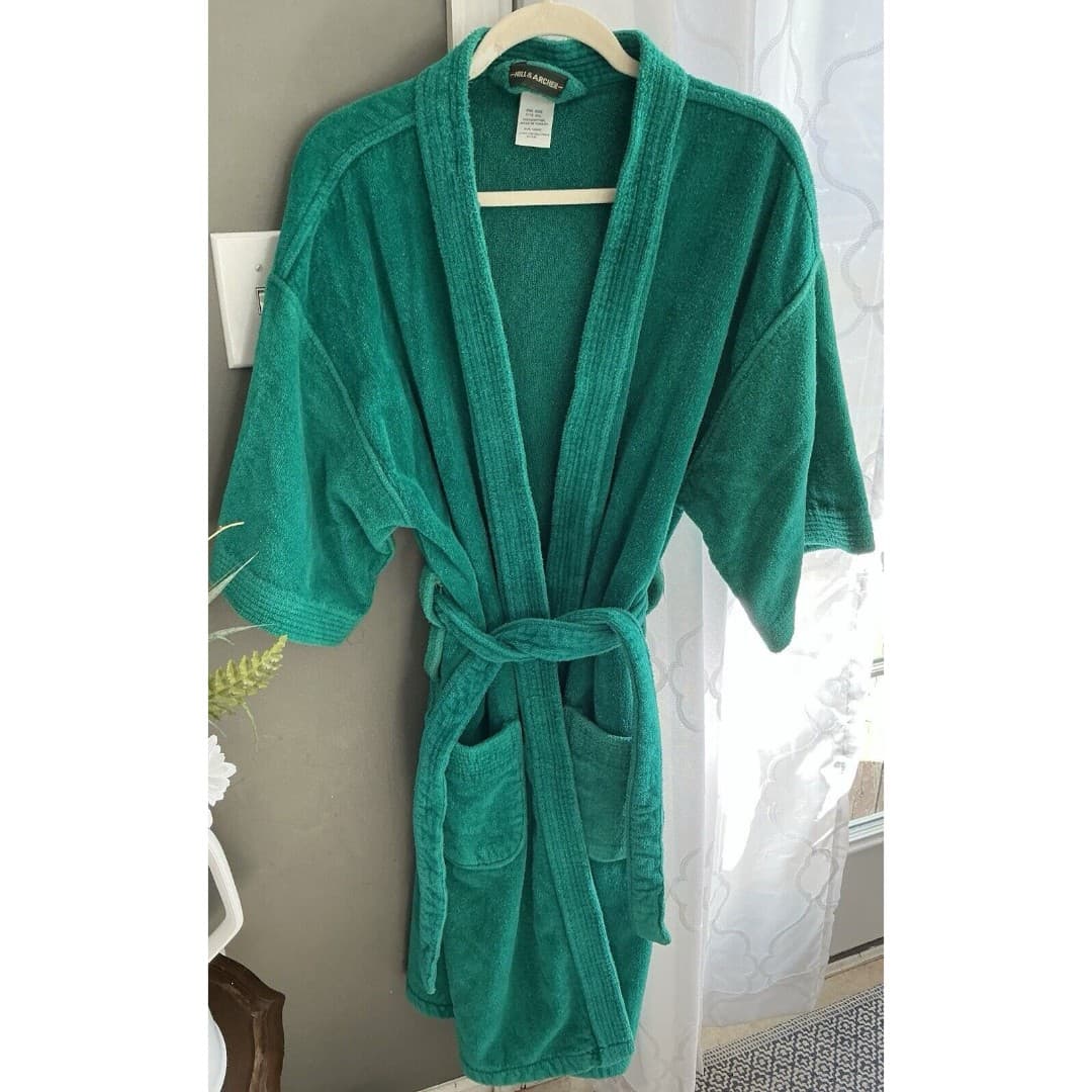 Vintage Hill & Archer Green Terry Cloth Cotton Unisex Bathrobe One Size - Thumbnail 5