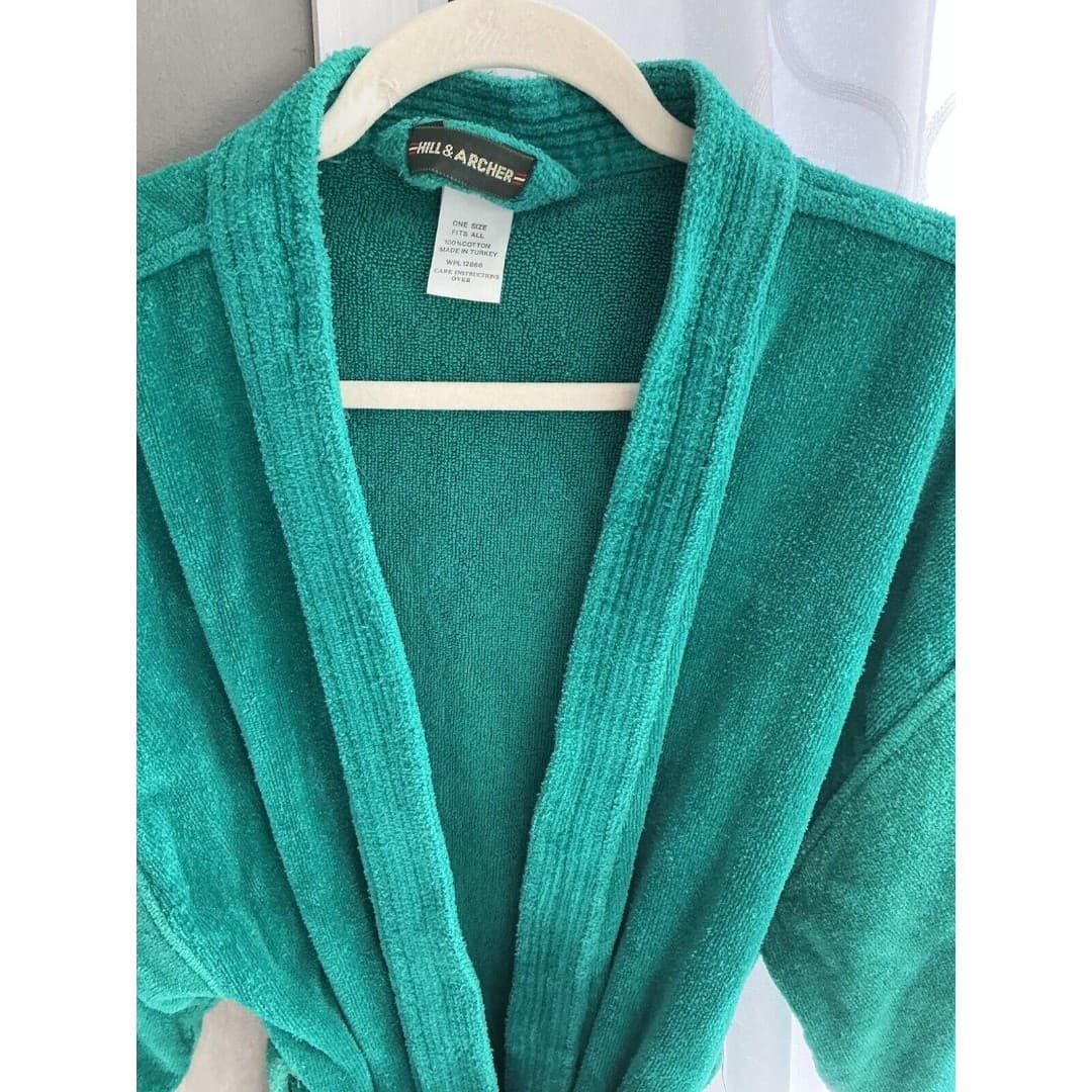Vintage Hill & Archer Green Terry Cloth Cotton Unisex Bathrobe One Size - Thumbnail 2