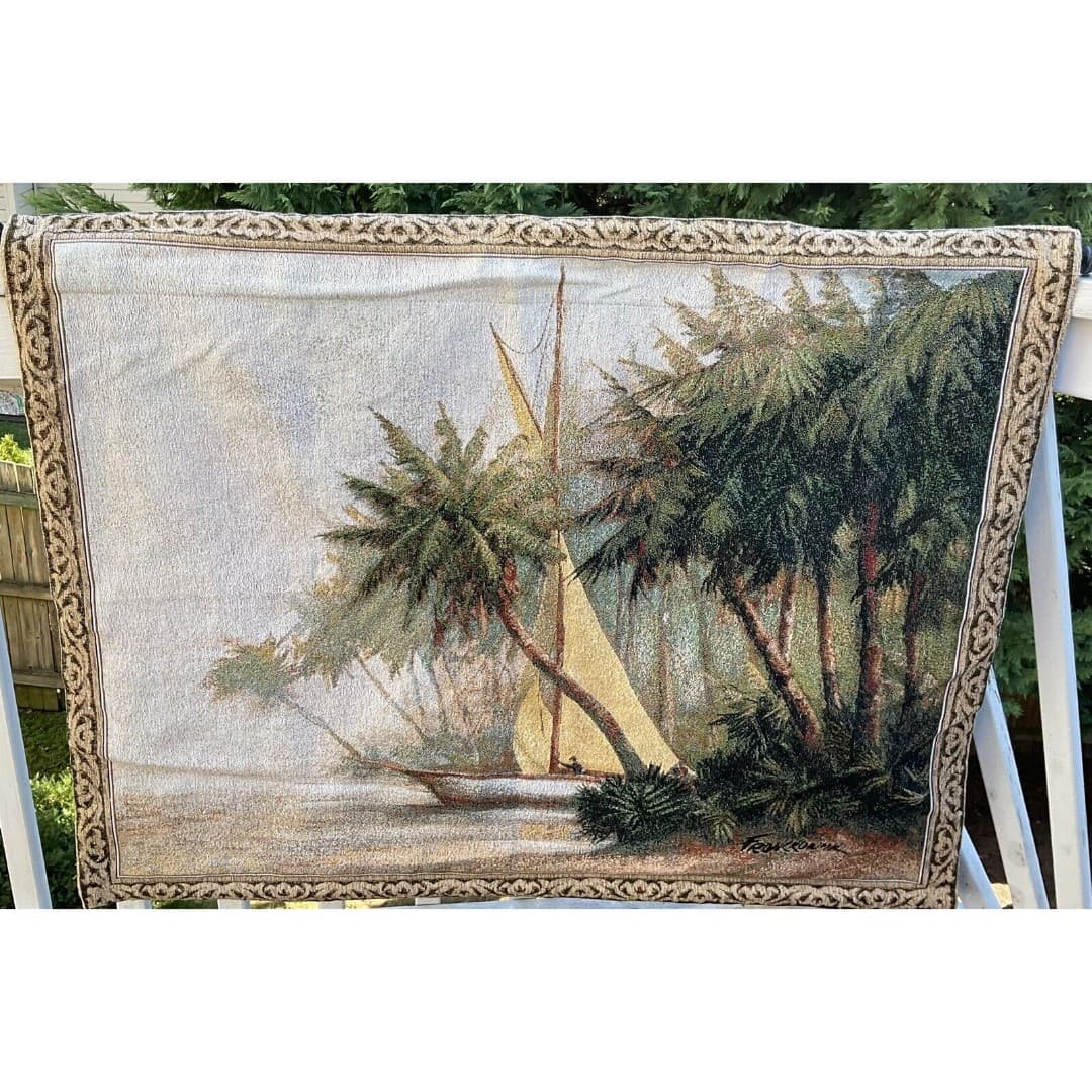 Leaving Out Sailboat Palm Trees Tapestry Wall Hanging 41x34” Art Fronckowiak USA - Thumbnail 6