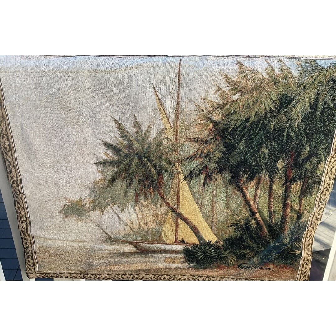 Leaving Out Sailboat Palm Trees Tapestry Wall Hanging 41x34” Art Fronckowiak USA - Thumbnail 2