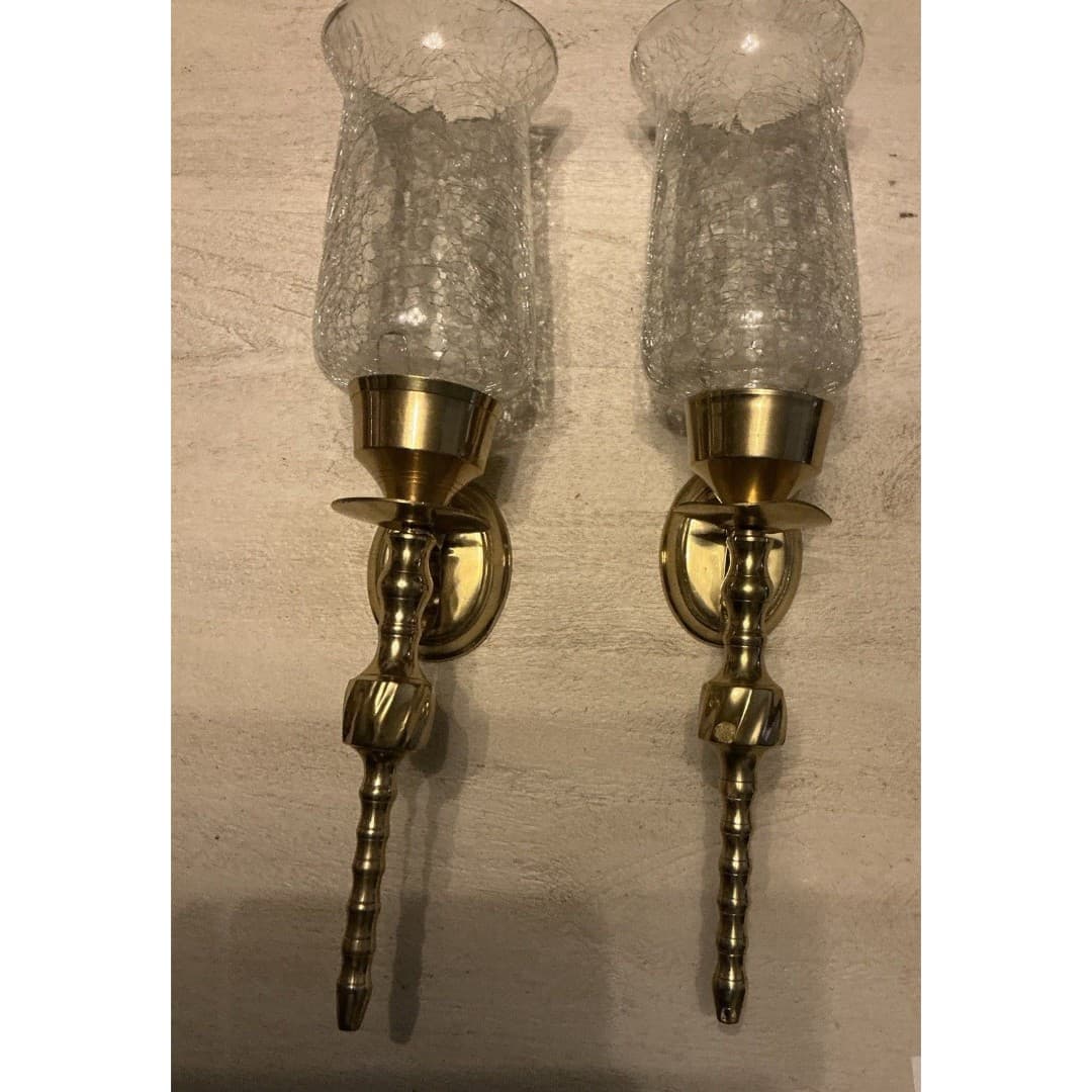 2 Decorative Wall Sconces Flat Mount Cracked Glass Brass Style Lighting