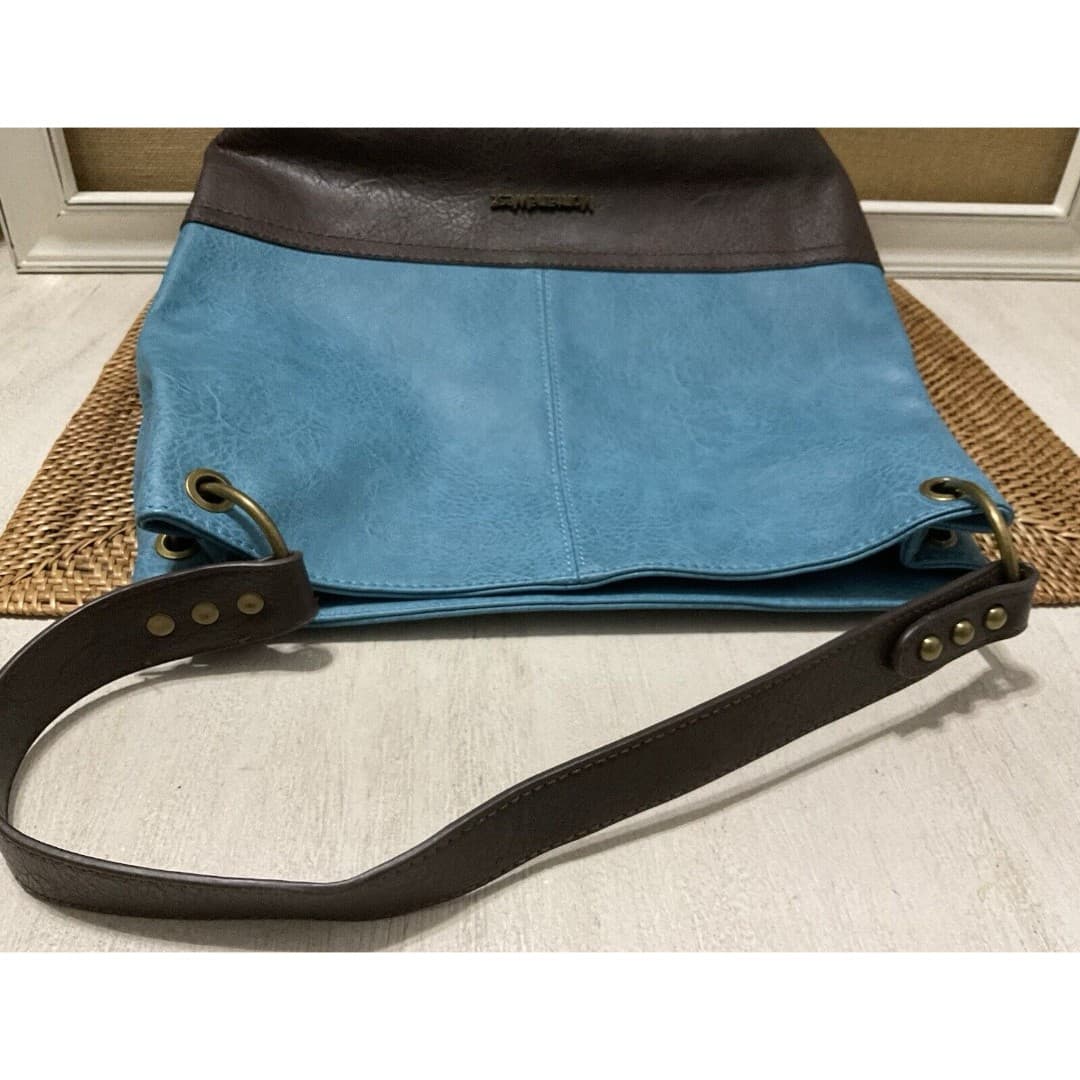 Montana West Hobo Vegan Leather Top Handle Turquoise Brown Shoulder Handbag - Thumbnail 7