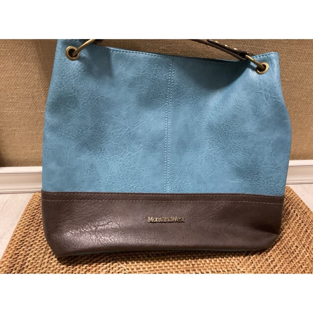 Montana West Hobo Vegan Leather Top Handle Turquoise Brown Shoulder Handbag - Thumbnail 3