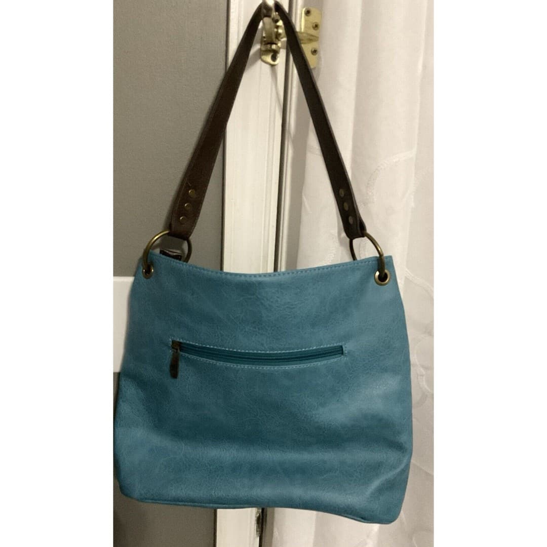 Montana West Hobo Vegan Leather Top Handle Turquoise Brown Shoulder Handbag - Thumbnail 4