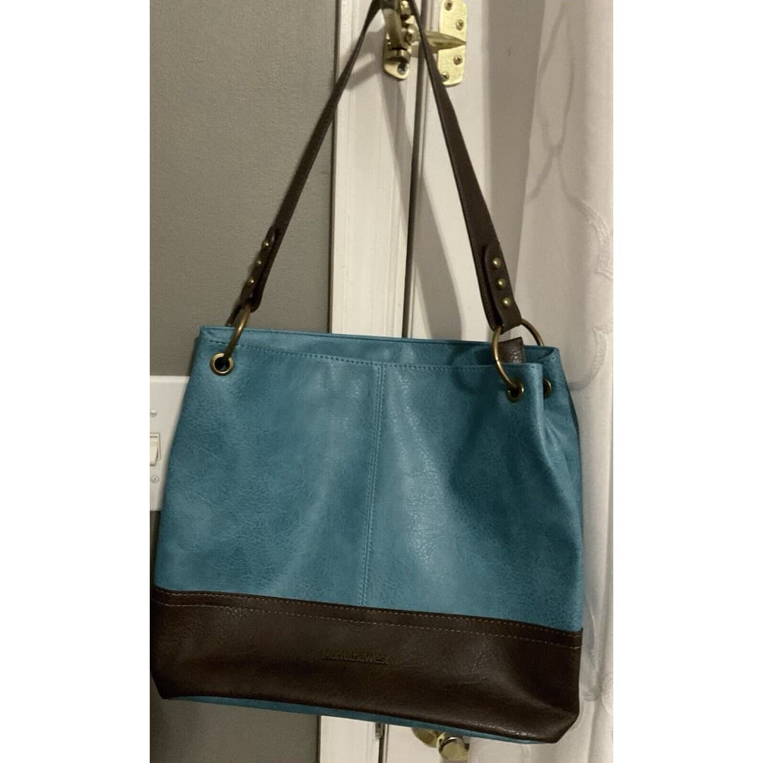 Montana West Hobo Vegan Leather Top Handle Turquoise Brown Shoulder Handbag - Thumbnail 2