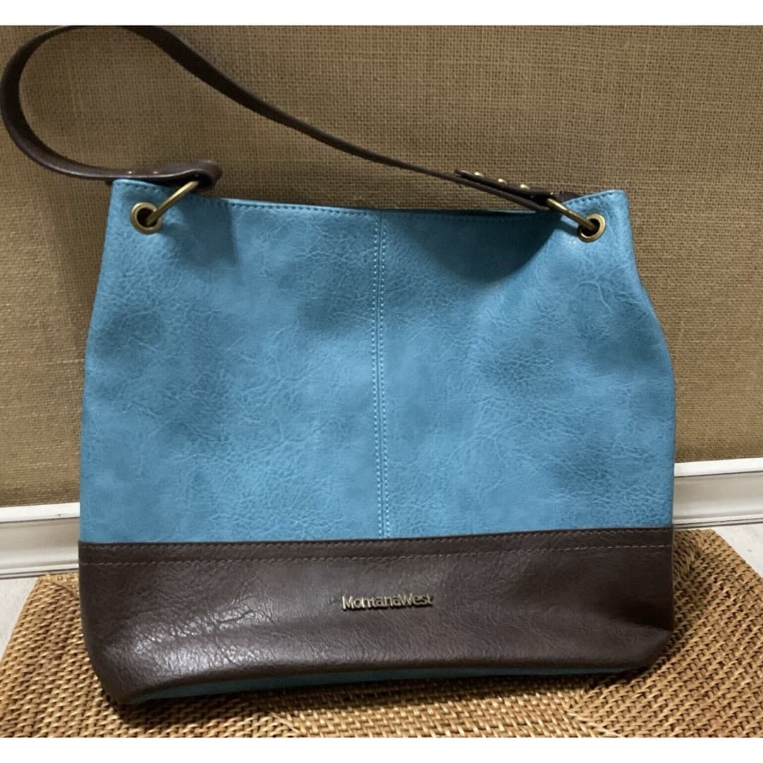 Montana West Hobo Vegan Leather Top Handle Turquoise Brown Shoulder Handbag
